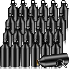 Nuogo 24 Pack Aluminum Water Bottle Bulk 20 oz Reusable Metal Water Bottle Lightweight Leak Proof Aluminum Water Bottles with Twist Cap and Buckle for Bike Travel Sports Camping(Black)