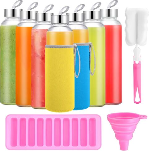 Vesici 12 مجموعة زجاجات مياه زجاجية شفافة سعة 18 أونصة مع أغطية زجاجات عصير زجاجية قابلة لإعادة الاستخدام مع أكمام حماية ملونة وأغطية مقاومة للتسرب من الفولاذ المقاوم للصدأ لعصير الحليب وعصير المشروبات والشاي in Kuwait
