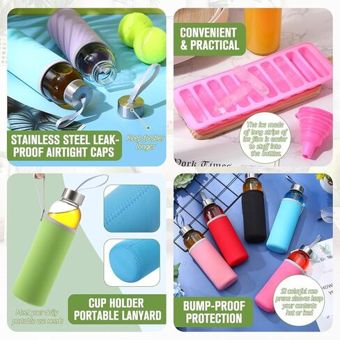 Vesici 12 مجموعة زجاجات مياه زجاجية شفافة سعة 18 أونصة مع أغطية زجاجات عصير زجاجية قابلة لإعادة الاستخدام مع أكمام حماية ملونة وأغطية مقاومة للتسرب من الفولاذ المقاوم للصدأ لعصير الحليب وعصير المشروبات والشاي in Kuwait