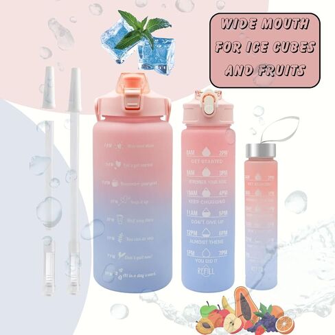 3 Piece Set Large Gallon Water Bottle with Straw & Motivational Time Maker and Strap Half Gallon Water Bottle, Small Water Bottles for Christmas, School, Gym in Saudi Arabia