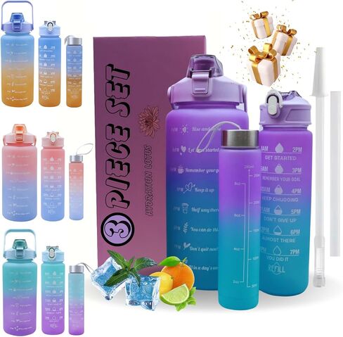 3 Piece Set Large Gallon Water Bottle with Straw & Motivational Time Maker and Strap Half Gallon Water Bottle, Small Water Bottles for Christmas, School, Gym in Saudi Arabia