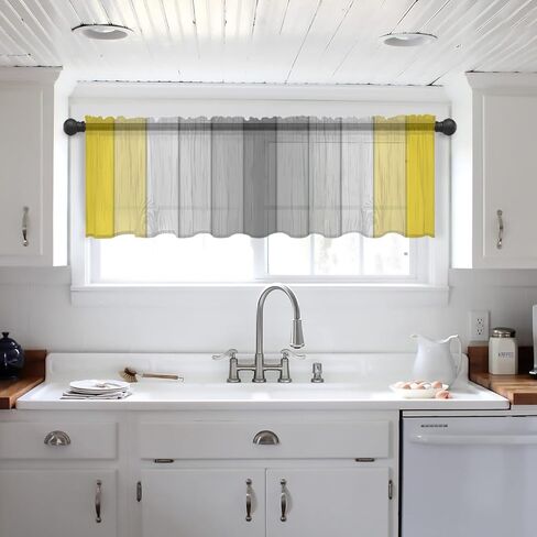 ستارة شفافة - ألواح شفافة من الفوال مرشحة للضوء باللون الرمادي الأصفر، ستائر نافذة جيب خشبية رمادية اللون لمنزل المزرعة لغرفة النوم/غرفة المعيشة/المطبخ، 54 بوصة عرض × 18 لتر in Kuwait