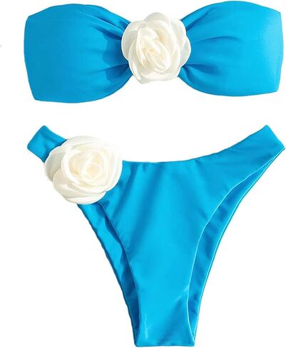 GORGLITTER Women's 2 Piece Strapless Swimsuit 3D Floral Bikini Top and High Cut Thong Bathing Suit in Saudi Arabia
