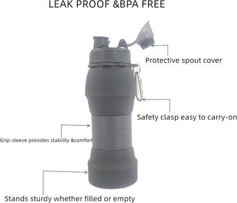 Collapsible Lightweight Water Bottle, Food-Grade Silicone BPA Free, Foldable Portable Leak Proof Office Sports Travel Gym Camping Hiking Cycling Water Bottle with Vertical Hook (Gray) in Saudi Arabia