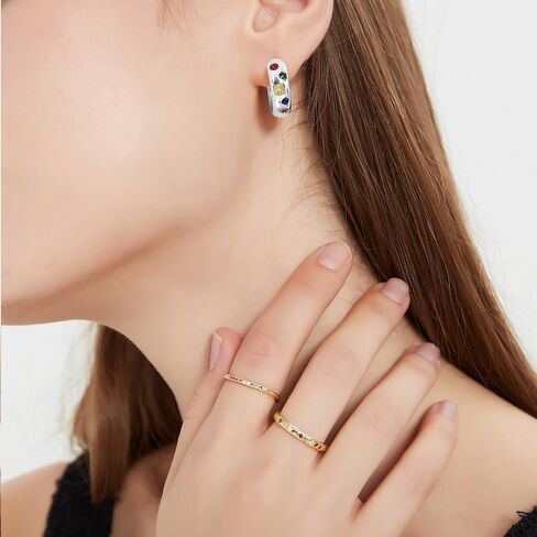 18K Gold Plated Small Chunky Hoops Earrings, Multi-Colored Cubic Zirconia Hoop Huggie Earrings, Thick Lightweight Gold Hoop Earrings for Women, 925 Sterling Silver Post Huggie for Women Girls in Saudi Arabia