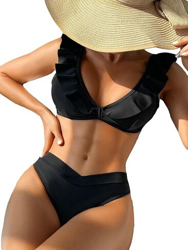 SOLY HUX Women's Ruffle Trim V Neck Bikini Sets Two Piece Swimsuit Bathing Suits in Saudi Arabia