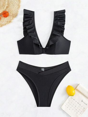 SOLY HUX Women's Ruffle Trim V Neck Bikini Sets Two Piece Swimsuit Bathing Suits in Saudi Arabia