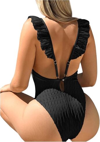 Verdusa Women's Eyelet Hollow Out Ruffle Trim One Piece Swimsuit V Neck Backless Sexy Bathing Suit in Saudi Arabia