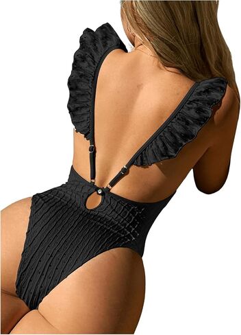 Verdusa Women's Eyelet Hollow Out Ruffle Trim One Piece Swimsuit V Neck Backless Sexy Bathing Suit in Saudi Arabia