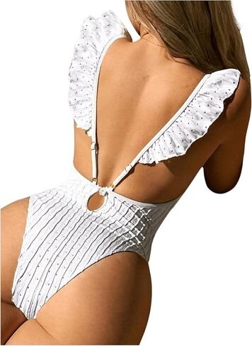 Verdusa Women's Eyelet Hollow Out Ruffle Trim One Piece Swimsuit V Neck Backless Sexy Bathing Suit in Kuwait