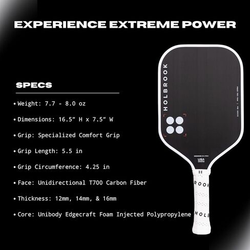 مجاديف Holbrook Pickleball - Power Pro (سلسلة Pro) Elite USAPA مجداف كرة Pickleball مع سطح من ألياف الكربون، قلب من مادة البولي بروبيلين الإسفنجي من Edgecraft، لمسة يمكن التحكم فيها، الطاقة والدوران in Kuwait
