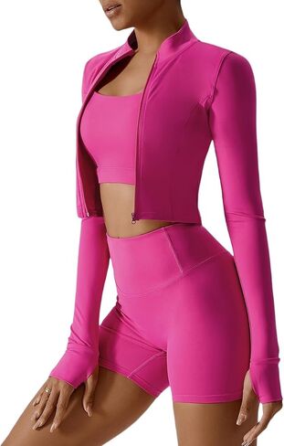 Yknktstc Womens Full Zip Athletic Jacket with Thumbhole Long Sleeve Crop Top Running Workout Yoga Sportswear Shirt in Kuwait
