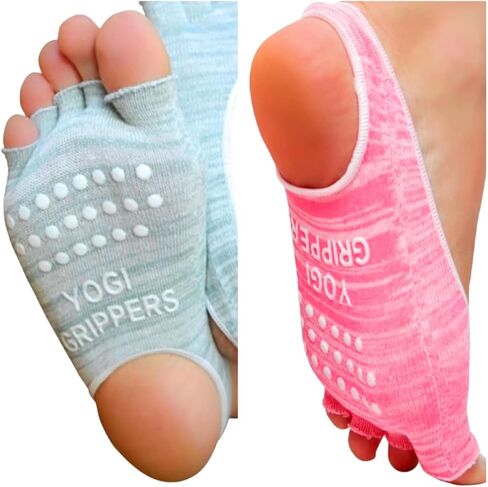 Grip Socks for Women Open Toe & Heel Pilates Non Slip Socks Womens Pilates Socks with Grips for Women Grippers Socks No Slip Socks Women Sox Cute 2 Pairs Pink Gray in Saudi Arabia