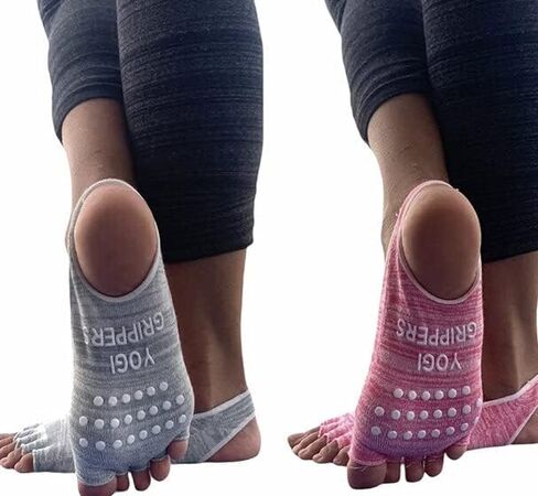 Grip Socks for Women Open Toe & Heel Pilates Non Slip Socks Womens Pilates Socks with Grips for Women Grippers Socks No Slip Socks Women Sox Cute 2 Pairs Pink Gray in Saudi Arabia