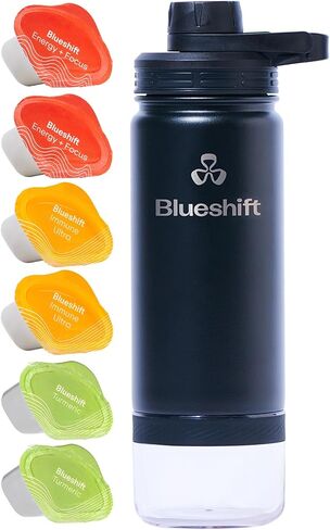 Blueshift Sidekick 18 oz Stainless Steel Water Bottle, Protein Shaker Bottle with Blend Ball, powder storage, includes 6 Superblend Supplements inside Bottle (Onyx) in Saudi Arabia