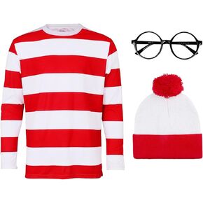 AWNALEEO Men Women Halloween Red&White Striped Long Sleeve T Shirt Nerd Glasses Beanie Hat Outfit Funny Cosplay Costume