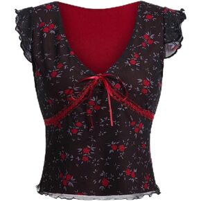 Floerns Women's Contrast Lace Sleeveless Tie Front Mesh Vintage Tee Top