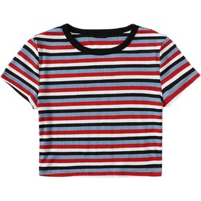 Floerns Women's Short Sleeve Striped Crop Tee Top
