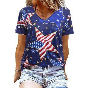 American Flag Shirt Women USA Shirts Trendy Patriotic Tees Casual Red White Blue Graphic Tops Fall Winter V Neck Blouses