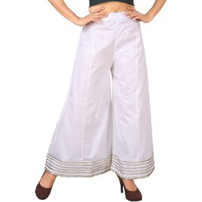 بنطال بالازو من القطن الفاخر للنساء حريري، ساق واسعة، مريح بمقاس كبير، ملابس كاجوال وبارز | غرزة مع الدانتيل الذهبي in Kuwait