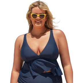 CUPSHE Plus Size Swimsuit Women Tankini Top Deep V Neck Ruffle Adjustable Straps Swimwear No Bottom