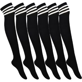 6 Pairs Over Knee Thigh High Socks 3 Stripes, Assorted Color Long Stocking Leg Warmer for School Uniform Cosplay Cosutme
