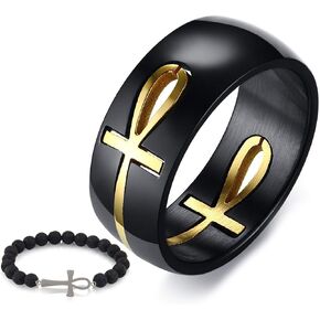 Men's Stainless Steel Black Removable Ankh Cross Ring Key of Life Symbol of Protection Amulet Jewelry