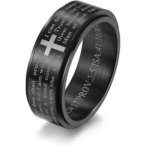 Inspirational Bible Verses Rotatable Cross Faith Crucifix Chunky Band Ring for Men Boys Women Teen Grils Stainless Steel Anti Anxiety Stress Relief Spinner Fidget Rings Statement Ring Dad Boyfriend Son Prayers Christmas New Year Party Gifts