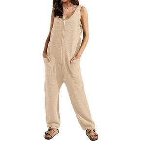 SuperPrity Jumpsuits for Women Summer Casual Sleeveless Sweater Jumpers with Pockets Knit Long Pants Rompers Baggy Overalls