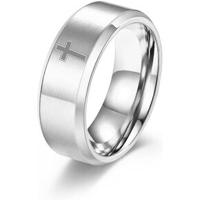 COLORFUL BLING 8MM Stainless Steel Simple Frosted Finish Christian Religious Cross Band Rings for Women Men Jesus Christ Lord Prayer Wedding Statement Jewelry