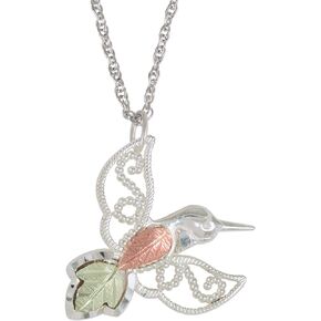 Granulated Bead Hummingbird Pendant Necklace, Sterling Silver, 12k Green Gold, 12k Rose Black Hills Gold 18 Inches