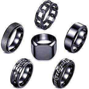 LOWNOUR Rings for Men Women 6pcs Black Stainless Steel Mens Rings Fidget Ring Anxiety Relief Fashion Simple Band Rings Cool Interwine Gear Spinner Ring Set