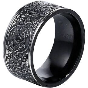 SINLEO Men's Stainless Steel Chinese Ancient 4 Guardian Beasts Ring Dragon, White Tiger, Suzaku, Basalt Carved