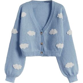 SweatyRocks Women's Graphic Pattern Button Down Knit Cardigans Long Lantern Sleeve Sweater Coats