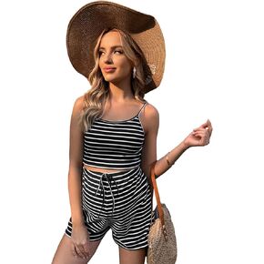 OYOANGLE Women's Maternity 2 Piece Outfits Rib Knit Striped Print Cami Crop Top and Shorts Set Tracksuit