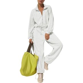Flygo Women's Jumpsuits Zipper Casual One Piece Outfits Long Sleeve High Waisted Belted Wide Leg Romper with Pockets