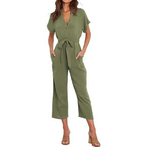 Famulily Linen Jumpsuits for Women Short Sleeve V Neck Button Down Jumpsuit Capris Wide Leg Pant Romper with Pockets and Belt
