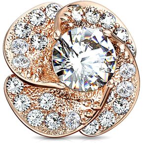 FIFTH CUE 14G CZ Paved & Round CZ Center Rose Blossom 316L Surgical Steel Internally Threaded Dermal Anchor Top