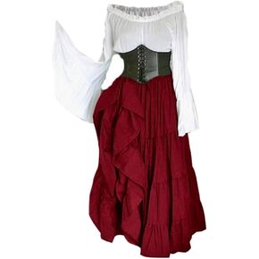 Renaissance Medieval Costume Vitorian Lace up Ball Gown Halloween Masquerade Party Costume Long Dresses 2pcs Set
