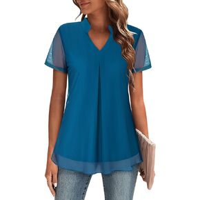 Miusey Women's V Neck Casual Mesh Blouses Tops Short Sleeve Shirts Loose Pleated Tunic Tops