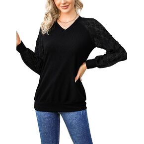 MISSKY Women's V Neck Lace Patchwork Long Sleeve Ribbed Knit Pullover Sweater Tops Shirts