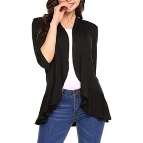 Women Draped Ruffle Cardigans Casual Lightweight Knit Sweaters, Short 3/4 Sleeve Lightweight Cardigan for Women