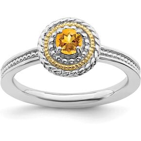 Solid 925 Sterling Silver and 14k Yellow Gold Stackable Citrine Yellow November Gemstone Ring Eternity Band