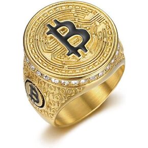 MayiaHey Bitcoin Sign Ring, Bling Money Sign Ring for Men, Gold Bit Coin Symbol Ring Iced Out Bitcoin Jewelry, Gold Money Luck Sign Ring Rock Money Symbol Ring Punk Initial Letter Ring for Boys