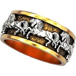 Horse Ring for Men, Vintage Running Horses Ring, Gold Plated Boho Ethnic Horse Family Rings, Retro Horse Totem Amulet Ring, Hip Hop Ring, Punk Rock Animal Horse Jewelry Gift for Men Boys