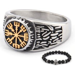 BAVIPOWER 18K Gold Plated Vegvisir Viking Compass Norse Ring Stainless Steel Asatru Pagan Scandinavian Jewelry for Men Women