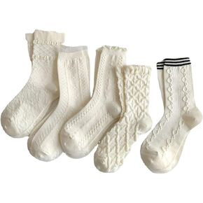5 Pair Cute Beige Socks Ruffle Frilly Rib Knit Crew Socks Cottagecore Casual Ankle Socks Coquette Kawaii Floral Socks