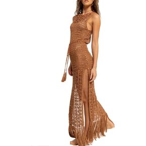 Women Sexy Hollow Out Mesh Tassle Skirts Beach Cover Up Crochet Summer Swimsuit Split Sheer Maxi Swimwear