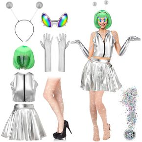Toulite 8 Pcs Halloween Alien Costume for Women with Metallic Top Skirt Space Dress Up Party Supplies