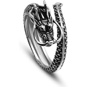H&Beautimer Vintage Style Men's 925 Sterling Silver Ring Chinese Element Dragon Ring 10.5-17MM-Open Design Silver Ring Adjustable-Handmade in Italy
